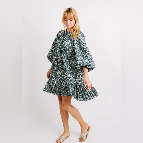 Mirth muted forest green print ruffled hem dress sz S - Picture 1 of 14